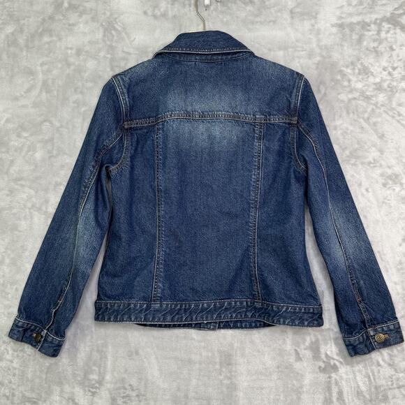 Chico's Jacket Womens Medium Blue Denim Jean Trucker Button Front Logo Buttons - Picture 2 of 9